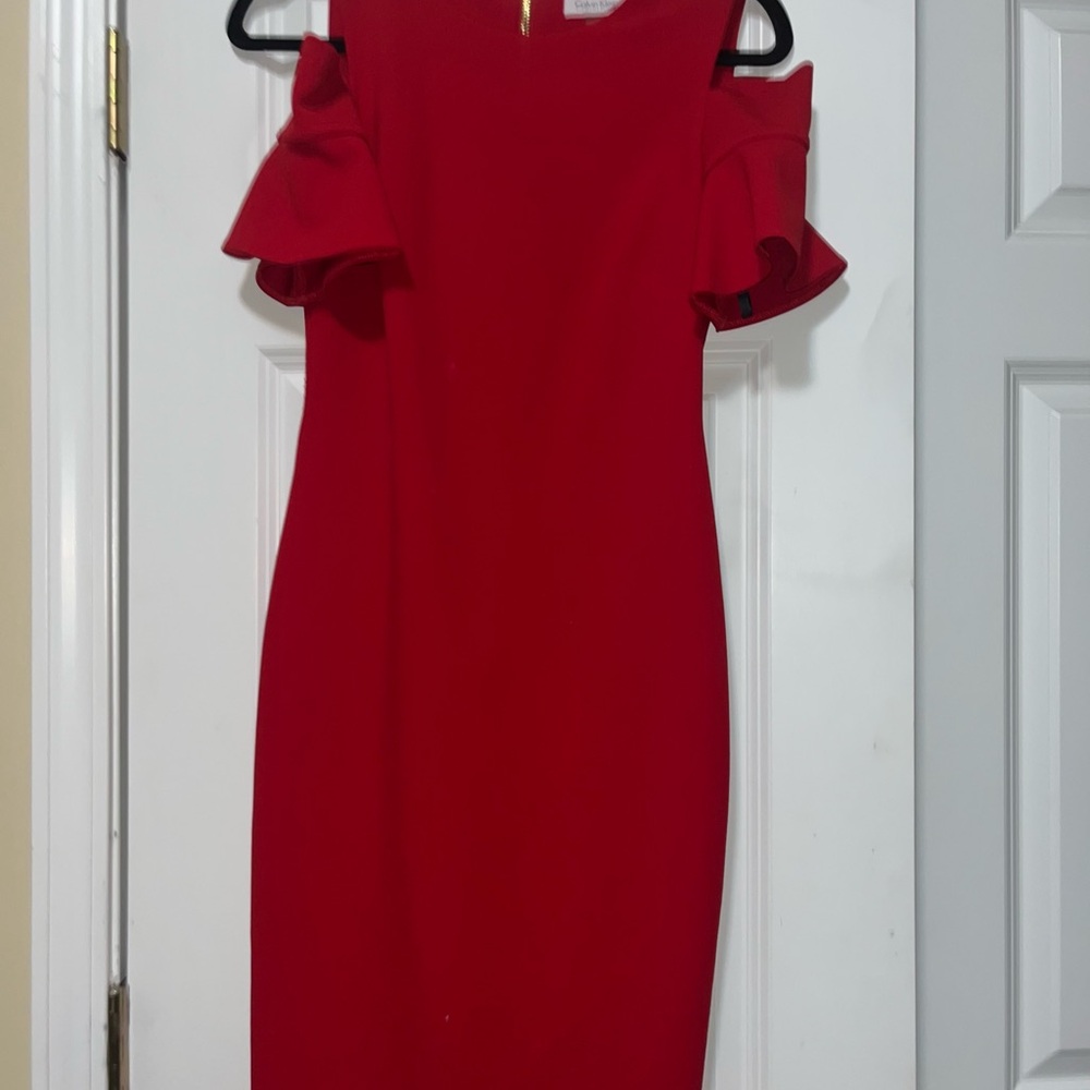 Calvin Klein Red Midi Dress with Ruffle Sleeves
